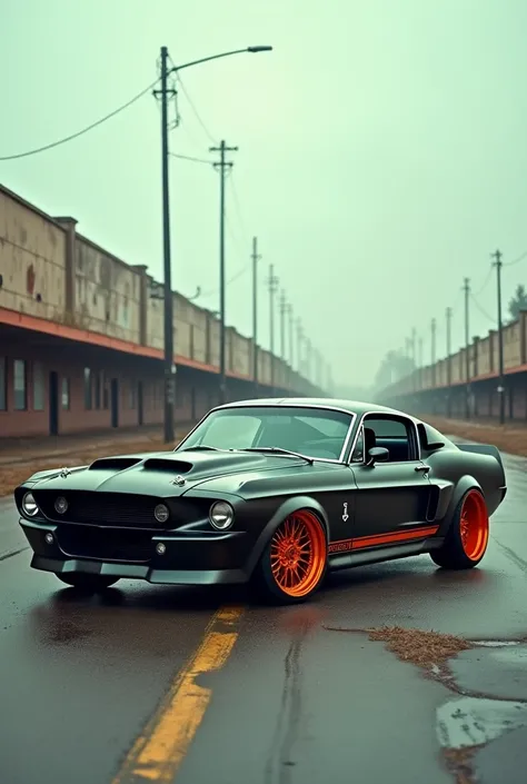 Create an image with the following characteristics: Realistic image of a 1967 Mustang Shelby GT500 in matte black with 21-inch rims and wheels.the orange rims , bottom: An abandoned shopping mall , Image quality: best quality, aspect ratio: 5:4, Emotional ...