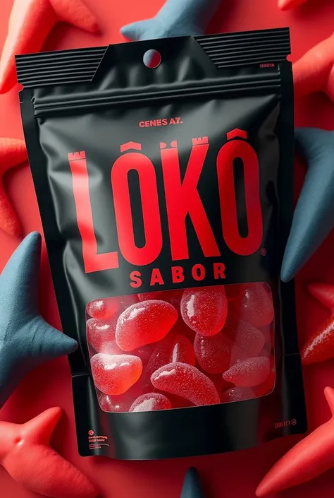 Create shark-shaped gummies in a red package that says LOKO SABOR, The gummies inside have to be shark-shaped., The packaging is a black and red bag