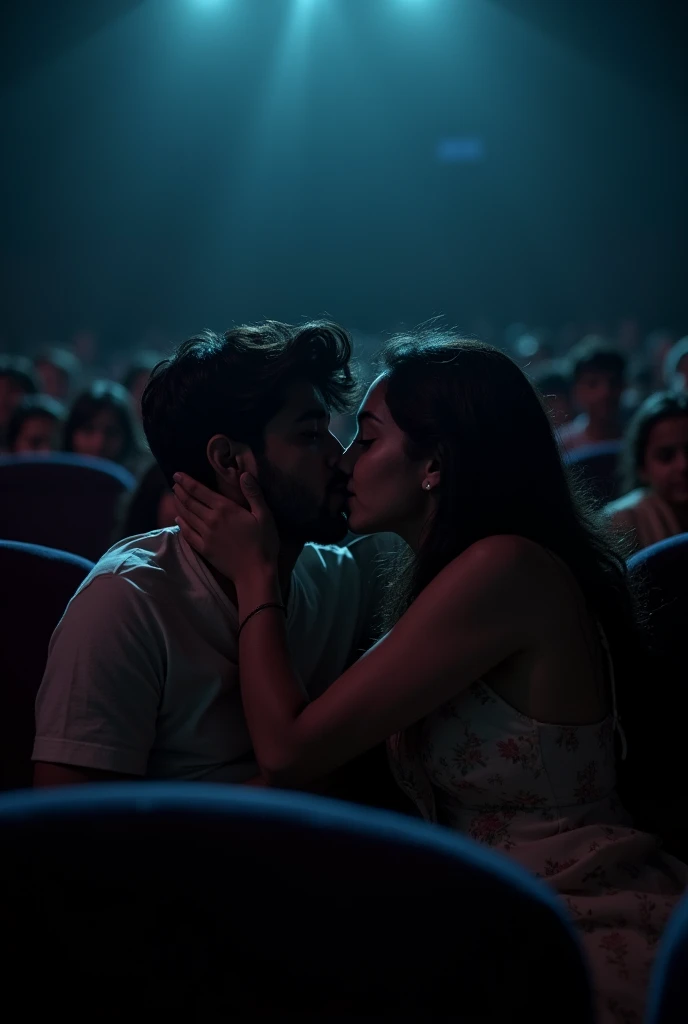 A indian boy and a indian girl are secretly kissing girls neck  in a cinema hall beside seat but not in a same seat….hall is totally full…its dark corner seat…same of this in different 