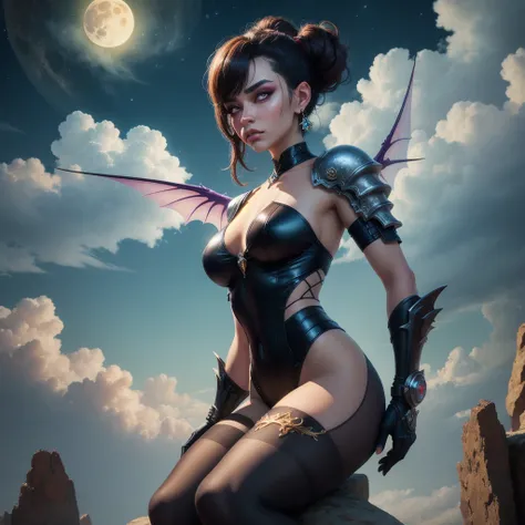 ((best quality)), ((masterpiece)), (detailed), succubus, ethereal beauty, perched on a cloud, (fantasy illustration:1.3), enchanting gaze, leotard, pantyhose, stockings, bodysuit, captivating pose, delicate wings, otherworldly charm, mystical sky, large mo...