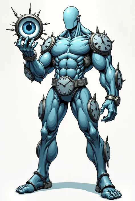 Faceless man with clocks from head to toe with light blue body with a clock pupil eye floating in his hand Marvel comic version muscular in 2D with medium muscles without muscles
