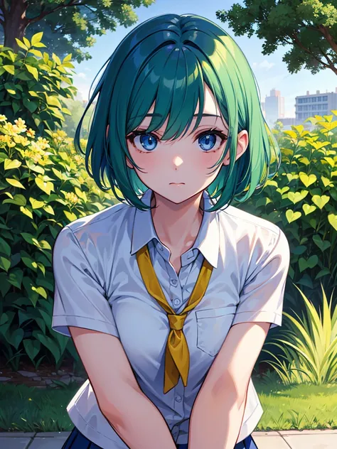 1girl, Solo, High Resolution, Looking at viewer, Short Hair, Blue eyes, Green Hair, School uniform, Breasts, Blank expression