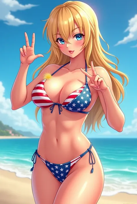 Anime blonde girl, with blue eyes, and big, wide silicone boobs, wearing a bikini with the United States flag printed on it, smiling with one of her hands grabbing her breasts, and the other hand making a peace sign, while she is on a beach. 