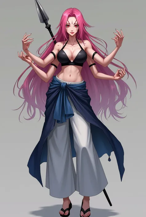 a tall woman, with red eyes and marks on his face like Sukuna, long pink hair with strands on the sides, She always has a seductive expression like her attractive smile, four arms with lines around their wrists and below their shoulders, somewhat large bre...