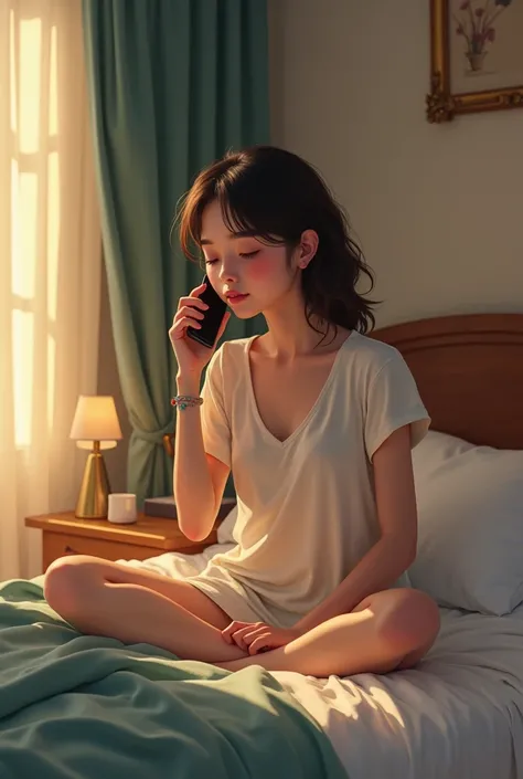 a girl who had just woken up sat on the bed with her cell phone making a call