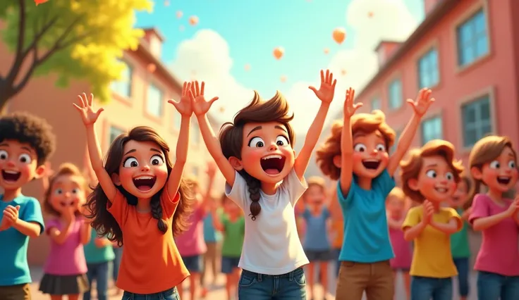 One hundred childrens are very happy and clapped. Animation cartoon 