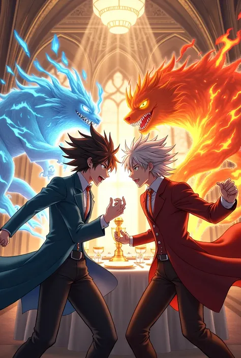 I would like to create a very detailed 4k image of Fuegoleon and Nozel Silva from the Black Clover anime when they clash at the decoration dinner., Fuegoleon has the same as the anime and Nozel too, When they clash behind Fuegoleon there is a fire lion and...