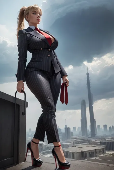 Two women aged 20 each wearing grey pinstriped trouser suits, white shirts heels and a large blue paisley necktie. Large breast Young adult 1 woman, beautiful curves a massive curvy thighs blonde ponytail red lips wearing a perfect crimson pinstriped suit ...