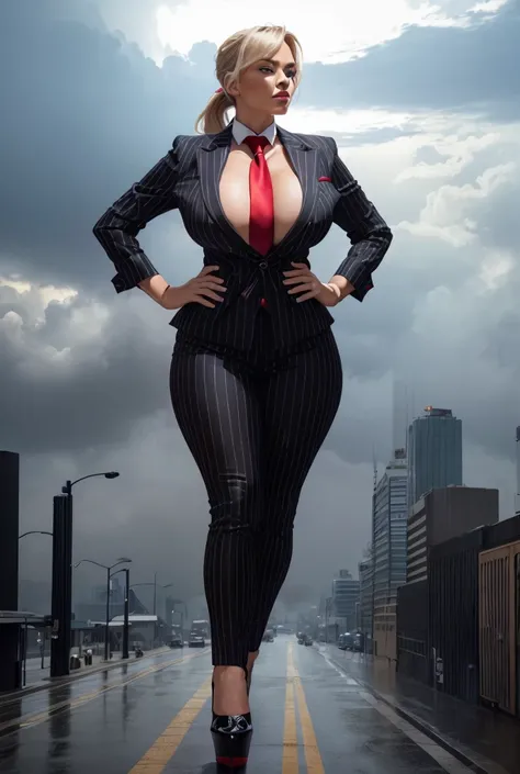 Two women aged 20 each wearing grey pinstriped trouser suits, white shirts heels and a large blue paisley necktie. Large breast Young adult 1 woman, beautiful curves a massive curvy thighs blonde ponytail red lips wearing a perfect crimson pinstriped suit ...