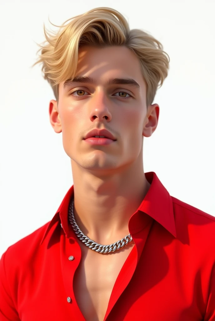 create a blonde avatar, silver chain, red shirt with white background being only from the shoulder up does not need to be realistic, but it needs to be a man