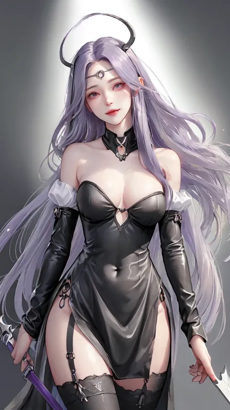 1girl, long_hair, solo, medusa_(rider)_(fate), breasts, blindfold, medusa_(fate), thighhighs, purple_hair, very_long_hair, forehead_mark, facial_mark, cleavage, dress, large_breasts, strapless, bare_shoulders, collar, weapon, strapless_dress, black_thighhi...