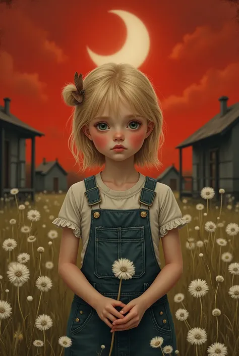 Cute girl with rosy cheeks, blonde, girl in old denim overalls, girl picking white dandelions , Village on the background, Abandoned houses, dark red sky and moon