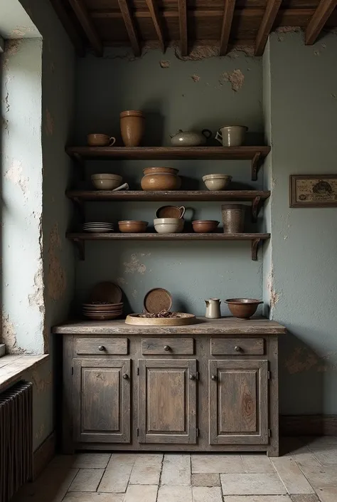 I want a gray wall of an old house with old wooden shelf inside the house in the kitchen