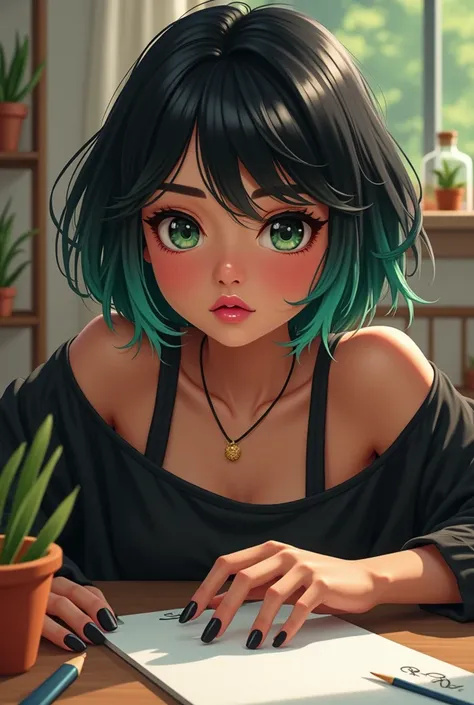 Create an image of a girl with lighter brown skin, with short black hair with two green strands in front, pink lips, nails painted black, she likes to draw, so if you can add something to the image that represents this taste hers gets better