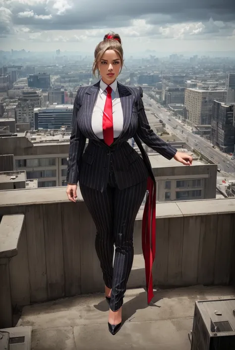 two women aged 20 each wearing grey pinstriped trouser suits, white shirts heels and a large blue paisley necktie. large breast ...