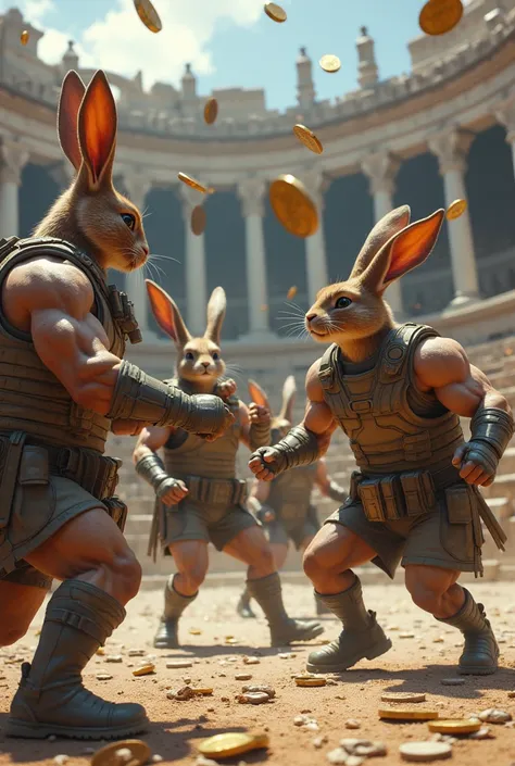 5 rabbits with body builders, with war clothes, fighting inside an ancient Roman ring,Raining coins from the s