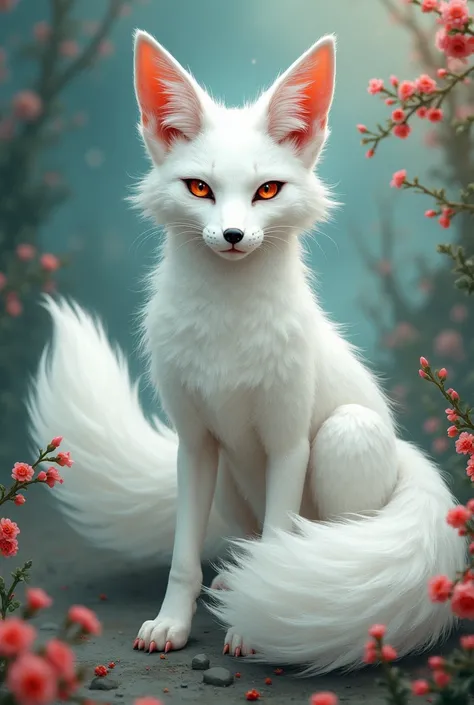 Beautiful white fox with 3 tails with red spots on the tips, Chinese fantasy. that is looking at me, Different 
