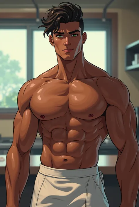 Brazilian anime drawing 2D that looks like 3D of a handsome strong handsome young man of 20 years old smooth hairless dark skin black nipples and navel green eyes a beautiful smile short hair shaved on the sides shirtless only with a white apron and very t...