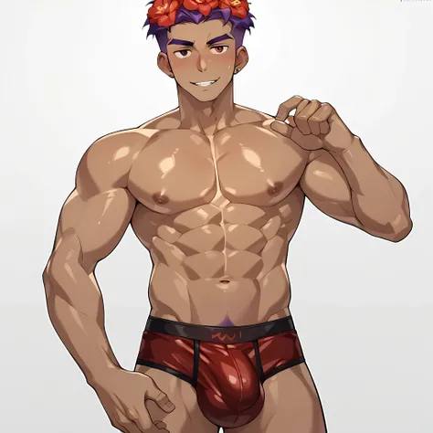 score_9, score_8_up, score_7_up, score_6_up, rating explicit, focus male, source anime, male, purple humanoid, body detail, hot red underwear with flowers, oiled body, pretty face