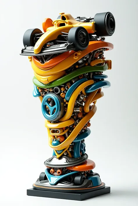 I want designs for a Brazilian Formula 1 trophy that is related to its Brazilian culture. That the technique of serial plans is used to make the trophy. It can be pieces of Formula 1 cars or tracks that represent Formula 1 vehicles that contain chrome colo...