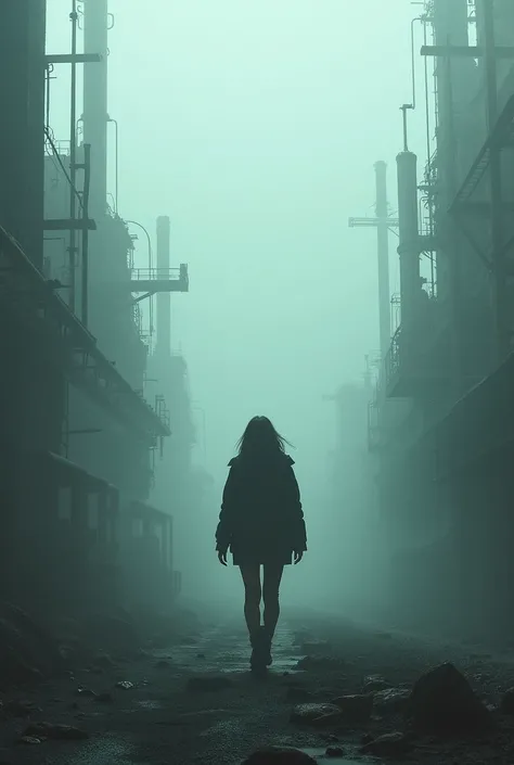 , woman exploring a vast industrial landscape, (((mist, fog)))