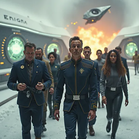 "The realistic photograph taken on the Star Trek-style bridge is illuminated by the soft light of holographic screens floating in the air, displaying constantly moving data and graphics. The captain, standing in the center, surveys the galaxy with a mix of...