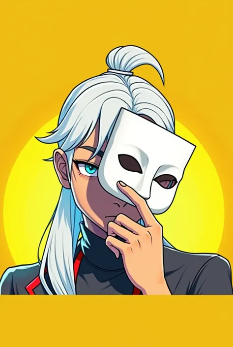 
Make a profile photo for the free fire "game" with a male character, holding a white cosplay mask, the characters dark skin color, human race, white samurai style hair, wearing a black and red turtleneck outfit.