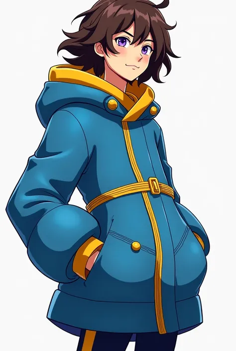 create a  guy with brown hair and purple eyes wearing a big blue coat with yellow details and a big yellow zipper on his coat on the belly. in the artistic style of the French series Miraculous Ladybug.