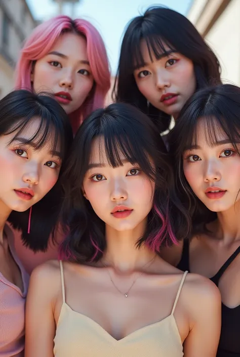 Make a picture of five Korean women together.
One has very short hair, bangs and two pink streaks and a baby face.
One has bangs, short hair, hair with waves at the ends and pink highlights.
One has hair tied in two parts, bangs and pink highlights.
One ha...