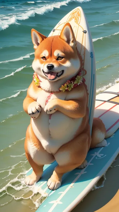 ((,Shiba Inu is surfing on the beach))), (((Surfing on a Hawaiian beach))),Anthropomorphic portrait of a Shiba Inu, figure!, Cute slightly chubby Shiba dog,((Cute little fat Shiba Inu)),shiba-inu doing surfing,