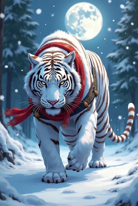 A snow tiger with coat and daggers and a scarf in a forest and the moon in the background with light snowfall in anime action style like a little assassin with chinese style