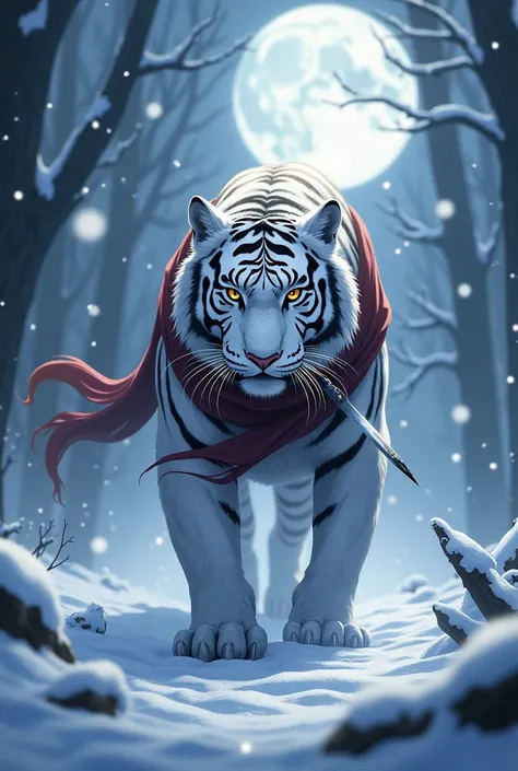 A snow tiger with coat and daggers and a scarf in a forest and the moon in the background with light snowfall in anime action style like a little assassin