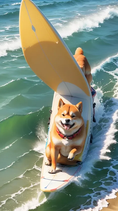 ((,Shiba Inu is surfing on the beach))), (((Surfing on a Hawaiian beach))),Anthropomorphic portrait of a Shiba Inu, figure!, Cute slightly chubby Shiba dog,((Cute little fat Shiba Inu)),shiba-inu doing surfing,(((Siba dog surfing on a surfboard))),