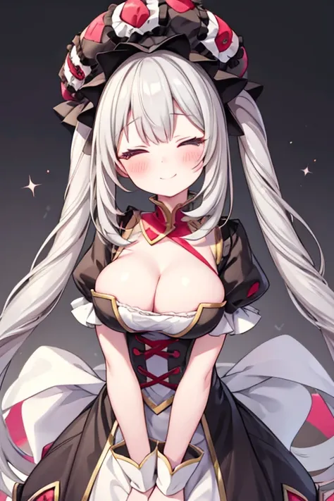 One girl, Marie Antoinette(fate)。Twin tails, Long Hair, Gray Hair, Large Breasts, smile, Half-closed eyes, Blushing, 