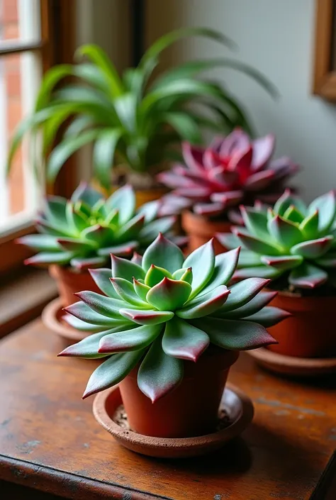 Images of Oaxaca marmolito succulents in different places in a home. 
