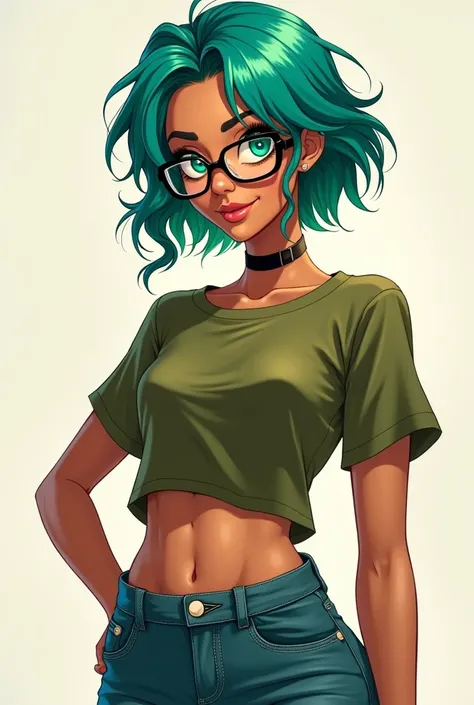 Masterpiece, best quality, 1girl, solo, 2, adult, teal and green hair, messy hair, asymmetrical hair, ahoge, very short hair, aqua eyes, medium breasts,  toned, 167cm, pale skin, glasses, grin, olive green shirt, jeans, midriff peek,