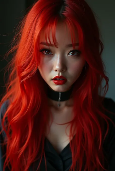 Une fille coréenne aux longs cheveux rouge, avec un concept rebelle k-pop