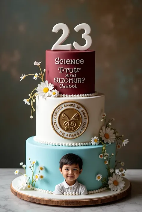 Create a 3-tier cake Let the first floor be wine-colored, the second floor be white, and the third floor be light blue With the NAME OF CRDS With the PHRASE SCIENCE, TRUTH, AND FREEDOM With the INSIGNIA OF THE CARLOTA RAMOS DE SANTOLAYA SCHOOL and that I h...