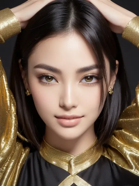 Detailed black and gold arabesque pattern on the wall、Best Quality, masterpiece, Realistic, One girl,  Muscular, Very big from the waist down, Japanese, bangs, Large dark brown eyes, The pupil is small and the white of the eye is large.、The gaze is directe...