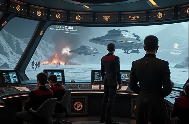 "The realistic photograph taken on the Star Trek-style bridge is illuminated by the soft light of holographic screens floating in the air, displaying constantly moving data and graphics. The captain, standing in the center, surveys the galaxy with a mix of...