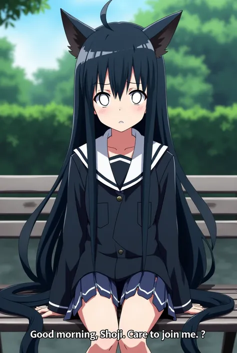 my hero academia anime style, a 1 girl, pale skin, very long black straight hair to her waist, blank white eyes, fit and light, bat ears and wings on her lower waist, tired eyes, wearing the UA training uniform, serious, emotionless.

Sitting on a bench an...