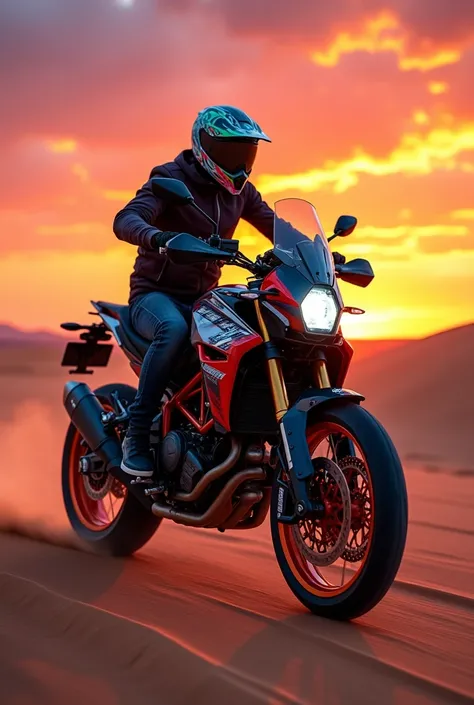 Africa twin motorcycle of the year 2024 special design for wallpaper vertical design pirouette in the desert colorful . man on motorcycle with helmet in combination with motorcycle sunset