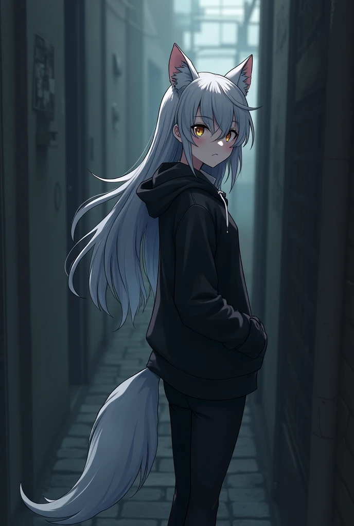 Anime art, Demi-Human, Wolf, Long silver hair is a little messy, Hazel eyes, white skin, wolf ears, Silver wolf tail, Black hoodie and pants, 2, Turn around, Dark light, Standing against the wall of an alley, shadow