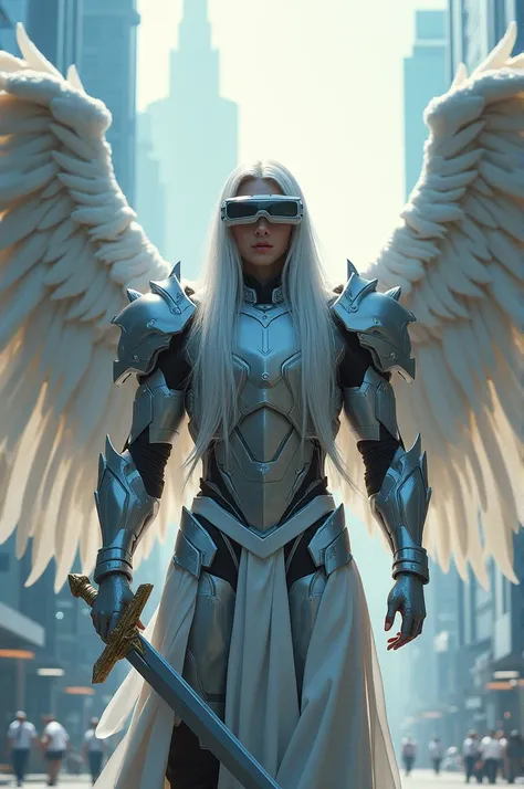 Male angel long silver straight hair, technological armor, virtual glasses, white wings, sword and background a city