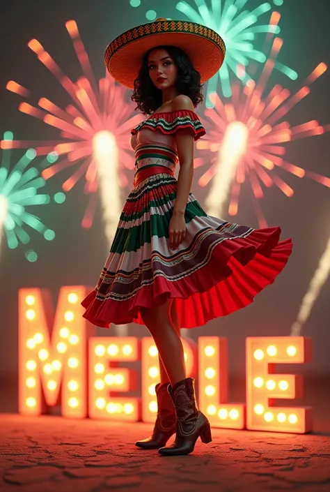 A surreal 3D rendering of a Mexican Latina woman named "MERLE" She is wearing a Mexican inspired dress with a bold red, white, and green colors, Shoulder-length black hair Texas style boots, and a sophisticated Mexican hat. She stands proudly on the illumi...