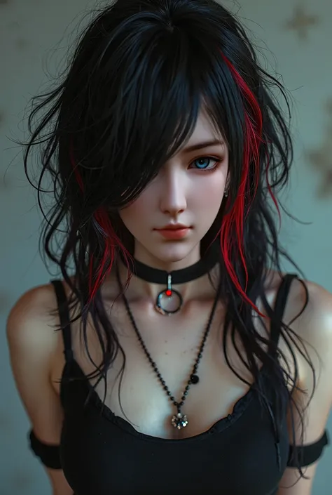 best quality, intricate details, chromatic aberration, 1girl, long hair, black hair, messy hair, red highlights, hair over one eye, red eyes, sharp eyes, choker,, , armbinder, arms behind back, bound arms,  