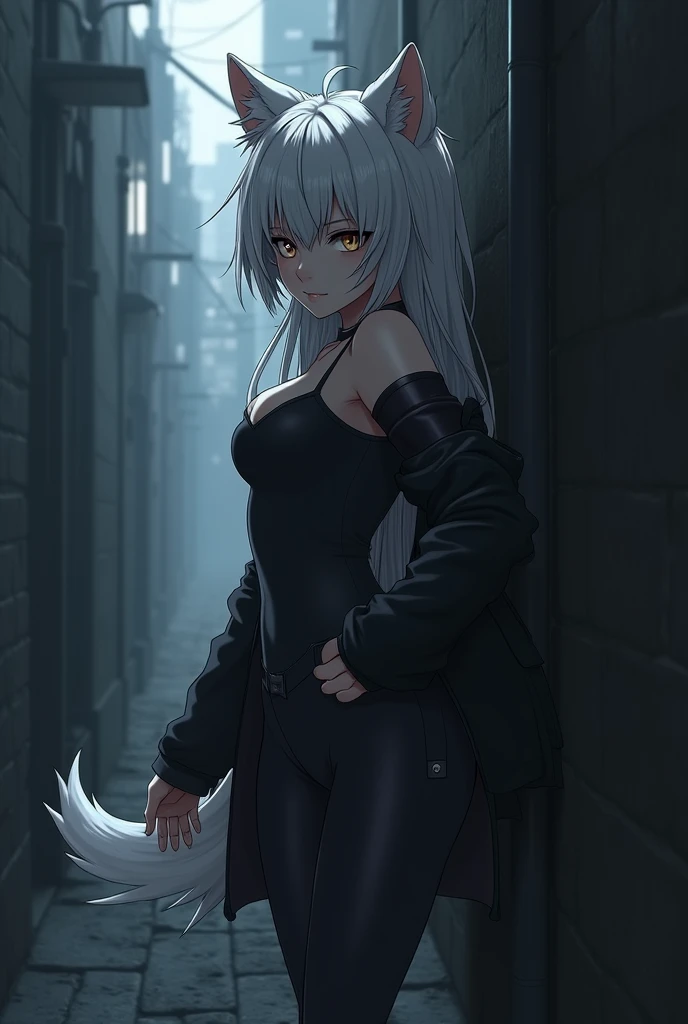 Anime art, Demi-Human, Wolf, Long silver hair is a little messy, Hazel eyes, white skin, wolf ears, Silver wolf tail, wear tight clothes, Put a coat over the clothes inside, 2, Turn around, Dark light, Standing against the wall of an alley, shadow