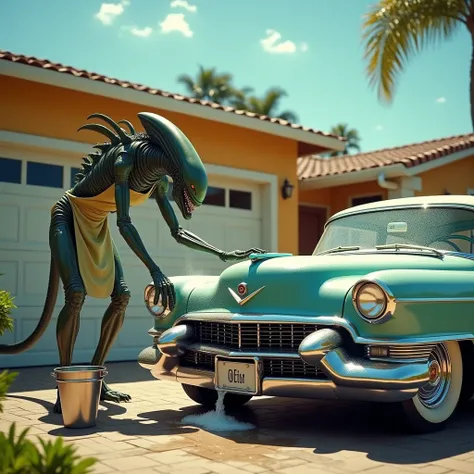 A xenomorph alien, with an apron, is washing a red Cadillac Series 62 Coupe de Villeesta car with a sponge full of foam. on the garage door of an American house from the 50s. It is a day with sun and blue sky. You can see a metal bucket full of water, tric...