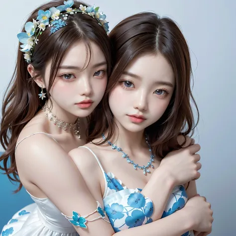 8k, Confused, High resolution, the most important work, Very detailed, (two girls is deeply in love with each other, hug from behind:1.3), Very beautiful eyes, Ultra-precise depiction, artistic, Very detailed depiction, (Tangled:1.2), (White high key backg...