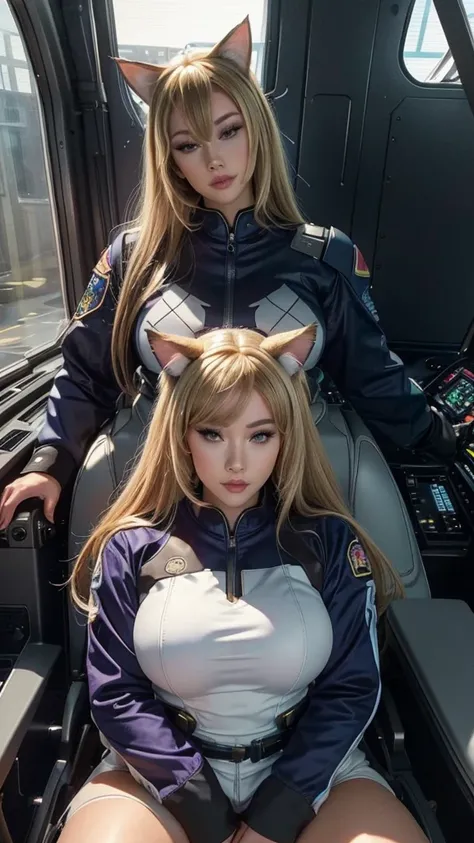 ((the highest quality)), ((masterpiece)), (Familiar), (high resolution), 8K, method perfecta、2 women、Two blonde women with cat ears.、((Two people piloting a mobile suit in the cockpit.))、Smile without fear、method、2 blonde cat ears、2. by the wide、2. Hairsty...